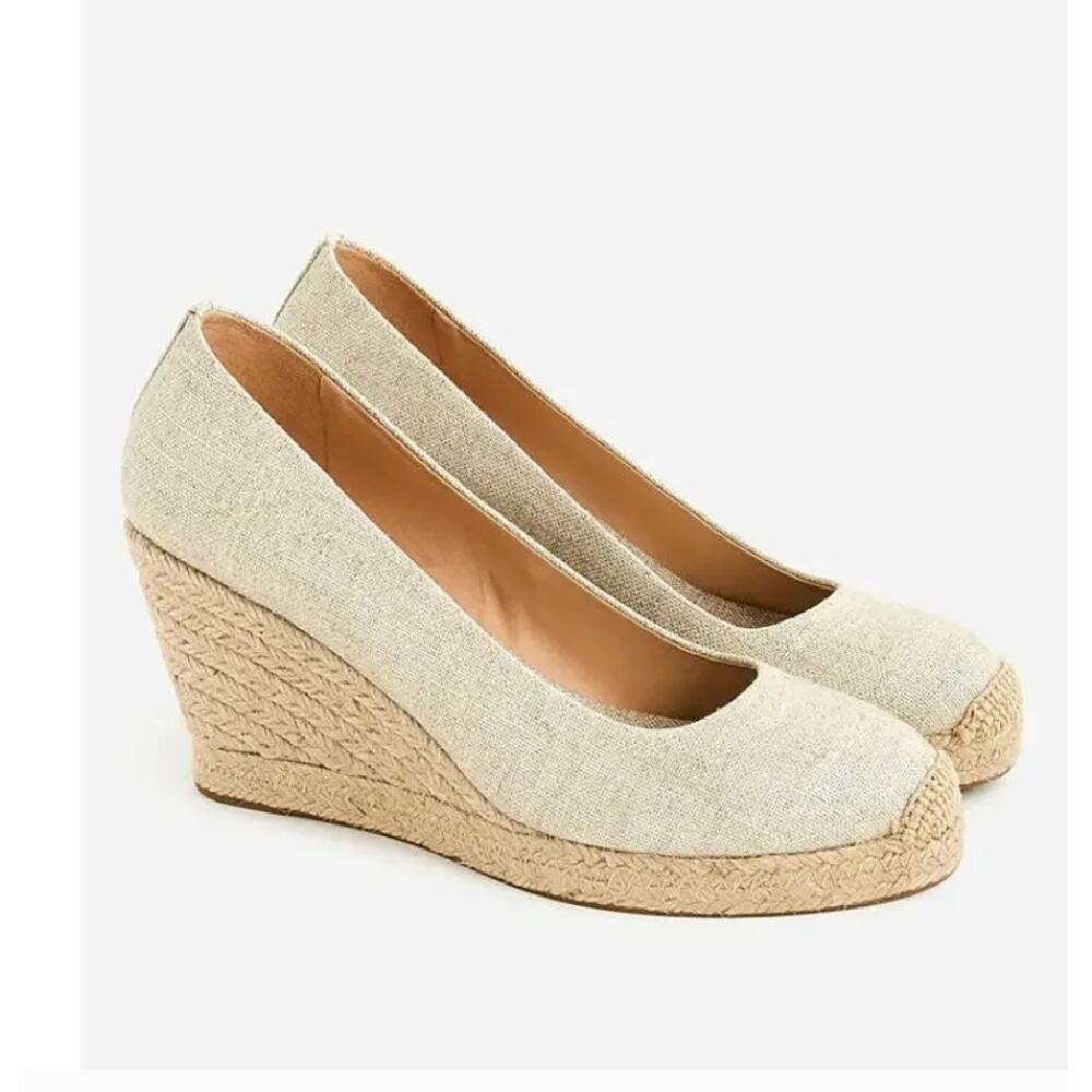 J. Crew Women's Seville Espadrille Wedges Canvas Gold Ivory Tan 8.5